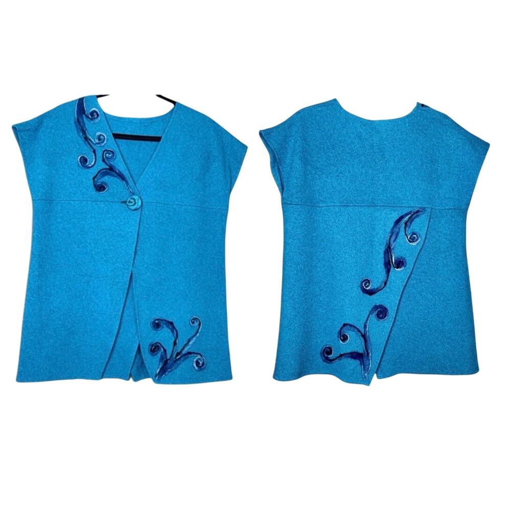 Hand Made Felted Wool Vest M/L Blue Swirl Button Asymmetrical Lagenlook Art Boho